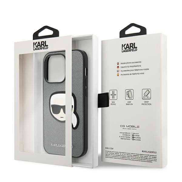 Karl Lagerfeld Saffiano Karl`s Head Patch-etui til iPhone 14 Pro, sølv