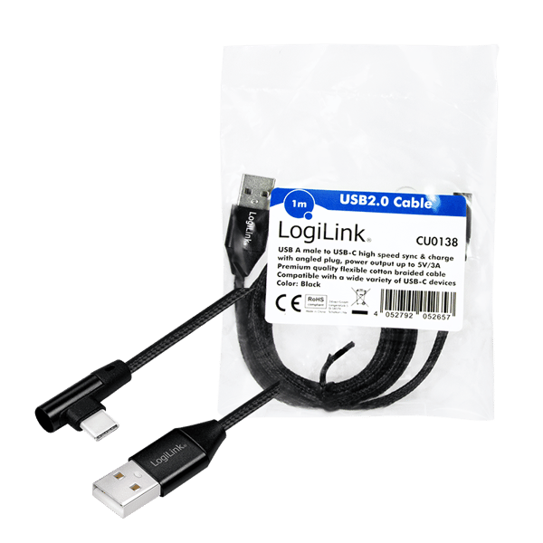 USB-C 90° til USB-A kabel, stof, 1m, sort,