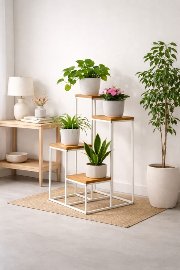 3-vånings växtställ i metall, vitt