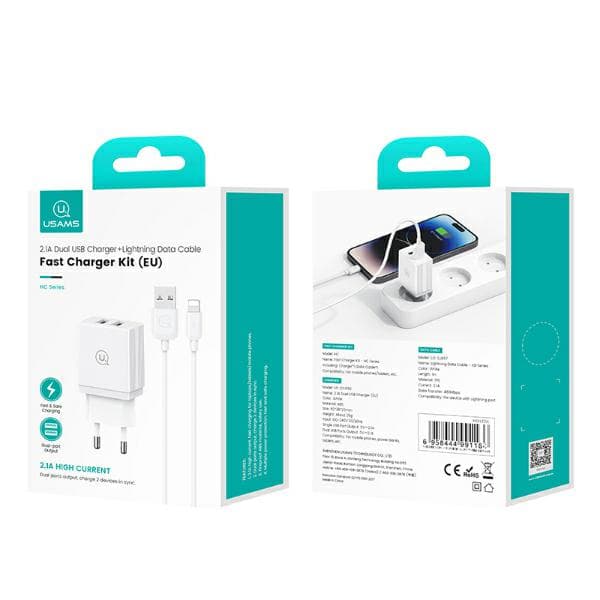 USAMS 2xUSB 18W vægoplader + Lightning/USB-A hurtigopladerkabel hvid