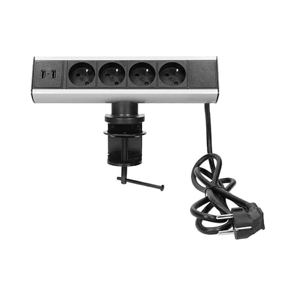 Firedobbelt møbelstikkontakt med jordforbindelse, 2xUSB-oplader, monteringsbeslag, kabel