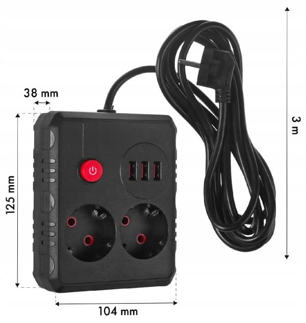 MCE388 B strømskinne. Forlængerledning 2 stikkontakter 3xUSB 3m