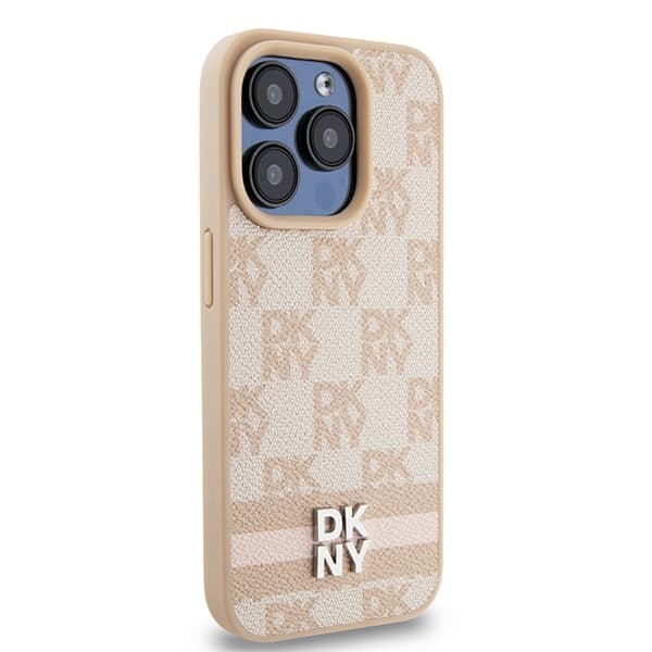 DKNY DKHCP15XPCPTSSP iPhone 15 Pro Max6,7" pink/pink hårdt lædercover med ternet monogrammønster og trykte striber