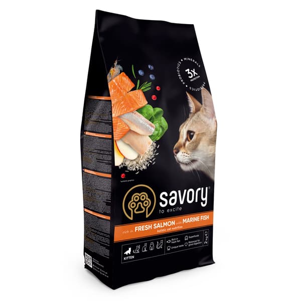 Smagfuldt tørfoder til killinger, junior, laks, havfisk, 2 kg