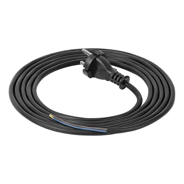 Kabel med stik, netledning, gummi, 2x1,5mm2, 3m, sort