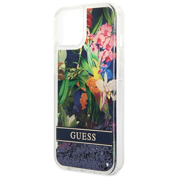 Guess Flower Liquid Glitter cover til iPhone 14, blå