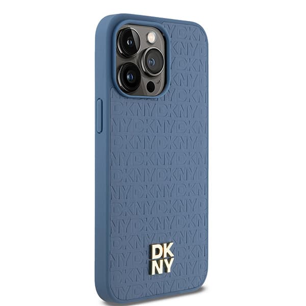 DKNY Lædermonogrammønster Metal Logo MagSafe-etui til iPhone 15 Pro Max, Blå