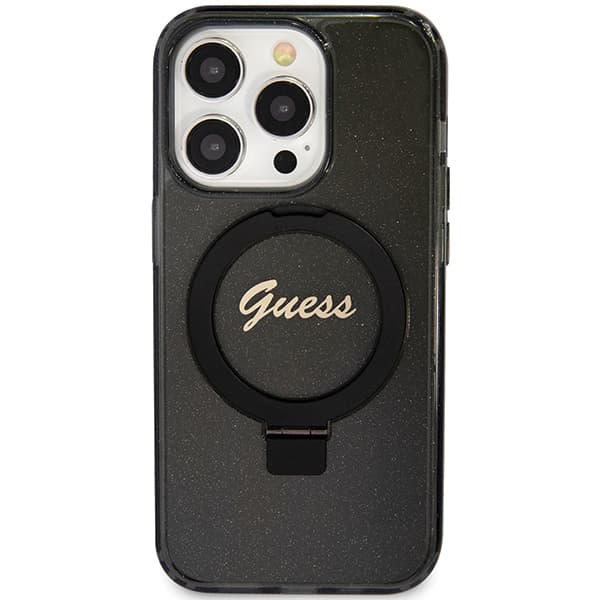 Guess Ring Stand Script Glitter MagSafe -kotelo iPhone 15 Pro Maxille, musta