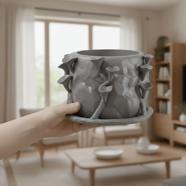 Moderne grå svampeformet urtepotte til planter, kunstnerisk stil