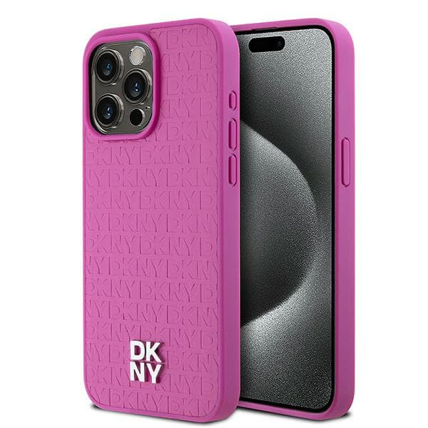 DKNY Lædermonogrammønster Metal Logo MagSafe-etui til iPhone 15 Pro Max, Pink