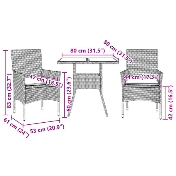 vidaXL havemøbelsæt med 3 dele og hynder, sort, polyrattan