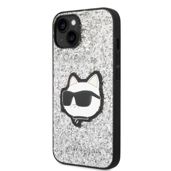 Karl Lagerfeld Glitter Choupette Patch-skal till iPhone 14, Silver