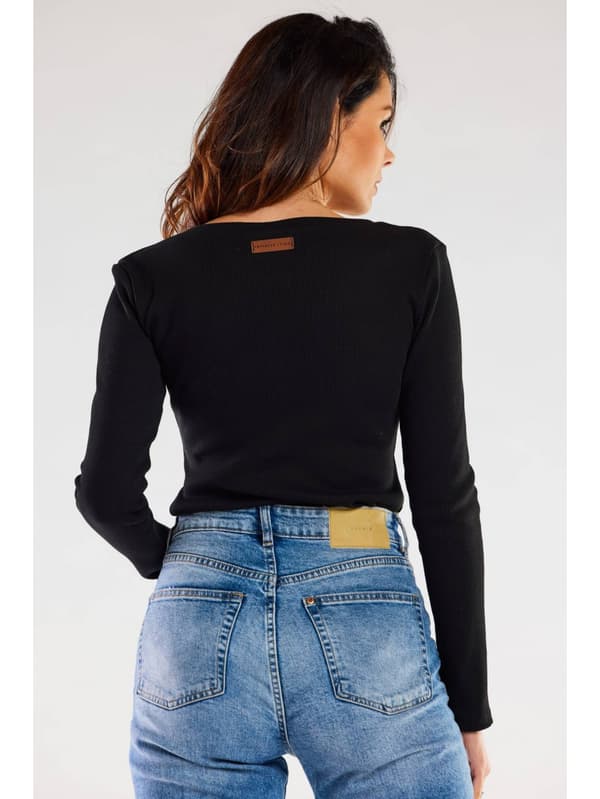 Basis bomuldsbluse med V-hals og ribstrik, sort M