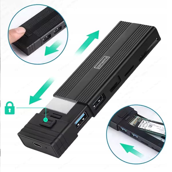 Zenwire USB-C 7-i-1 SSD-hubbfodral M.2 NVME PCIE SATA SD-adapter
