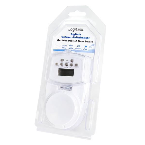 Digital udendørs timer IP44 LogiLink LCD stikkontaktprogrammerer 20 programmer