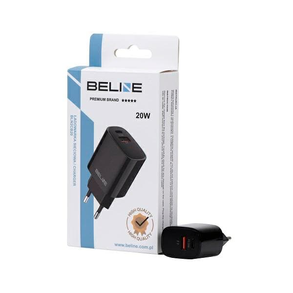 Beline 1x USB-C + 1x USB 20W PD 3.0 + QC 3.0 Sort Vægoplader