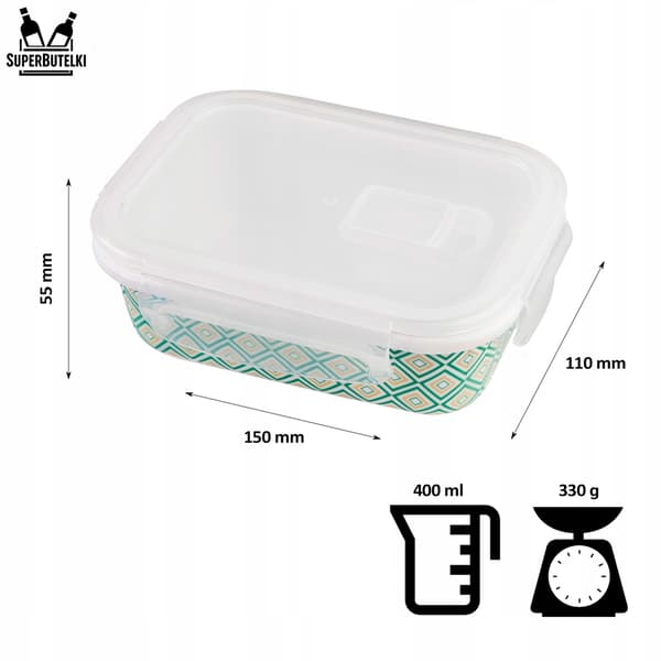 Set med 3 rektangulära glasbehållare (kapacitet 400, 650, 1000 ml) gröna