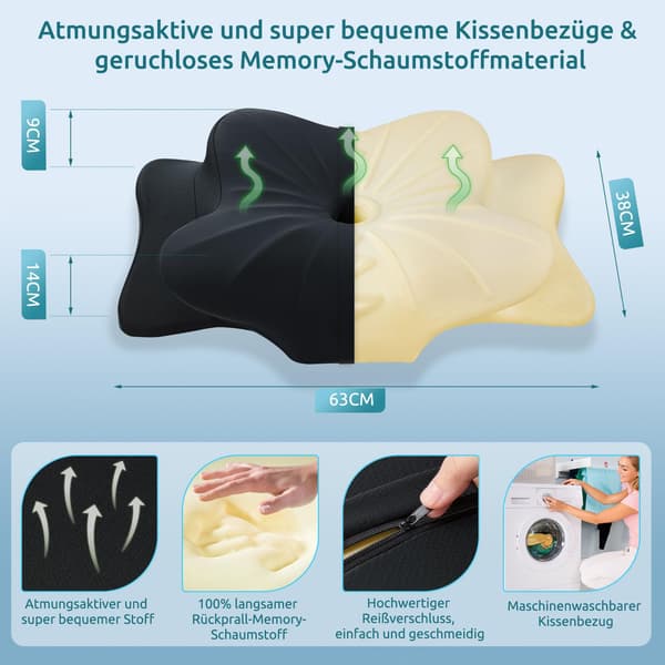 Donama Sort Memory Foam Pude Ergonomisk 63cm 38cm