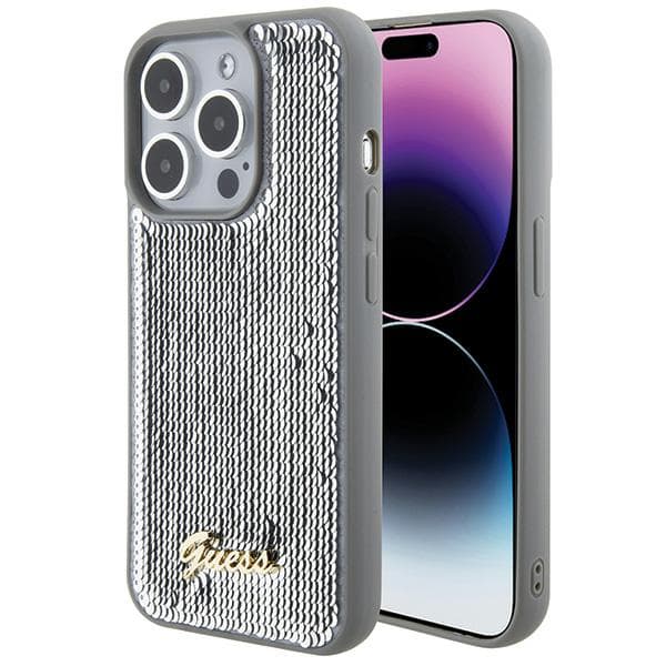 Guess Sequin Script Metal-etui til iPhone 15 Pro Max, sølv/sølv