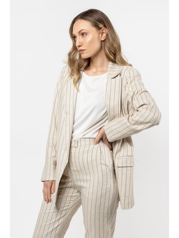 Hørjakke med fine striber - beige M