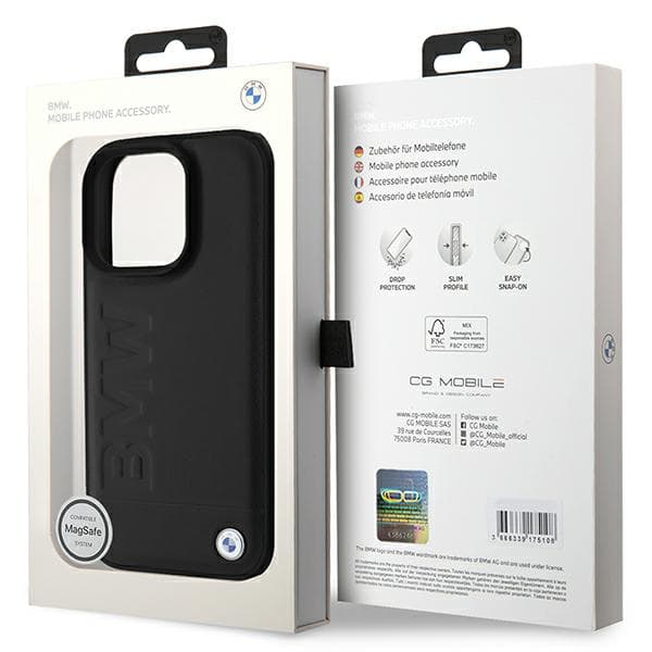 BMW Læder Hot Stamp MagSafe-etui til iPhone 16 Pro, Sort