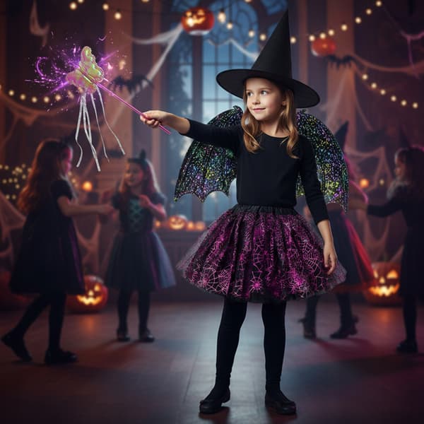 Helloween Set Häxa Fladdermuskostym + Hatt + Vingar + Trollstav H32