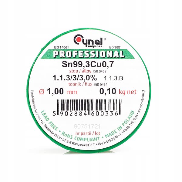 Tin Cynel lyijytön Sn99.3CU0.7 1.00mm 100g