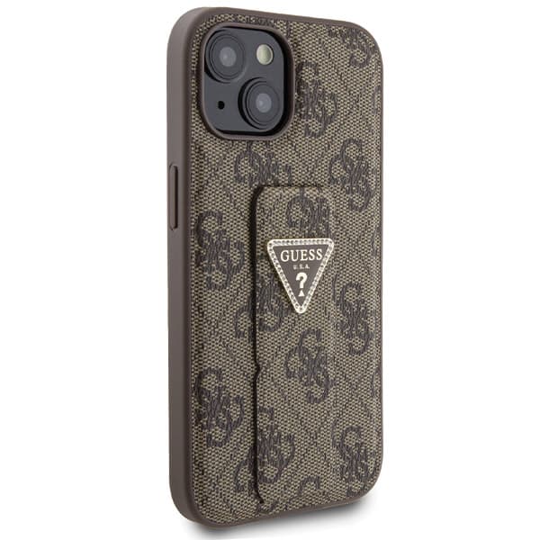 Guess Grip Stand 4G Triangle Strass-cover til iPhone 15, brun