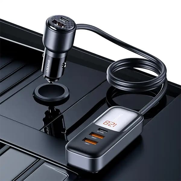 USAMS C40 Biloplader 3xUSB+2xUSB-C 165W PD+QC Hurtigopladning Sort