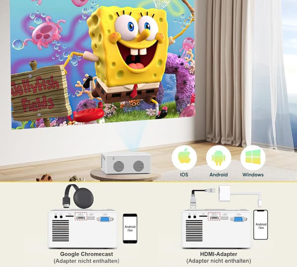 Miniprojektor iOS Android Windows Bluetooth 1080P fungerer med TV Stick hdmi