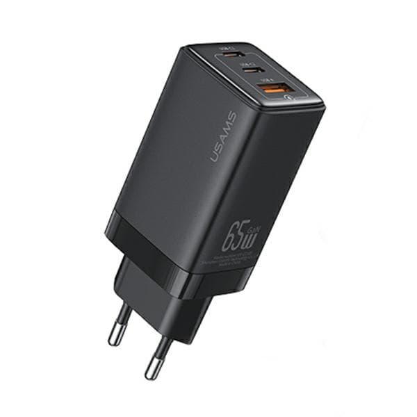 USAMS 2xUSB-C+1xUSB 65W (kun hoved) GaN PD3.0 +QC3.0 Hurtigopladning Sort