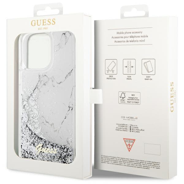 Guess Liquid Glitter Marble Cover til iPhone 14 Pro Max, Hvid