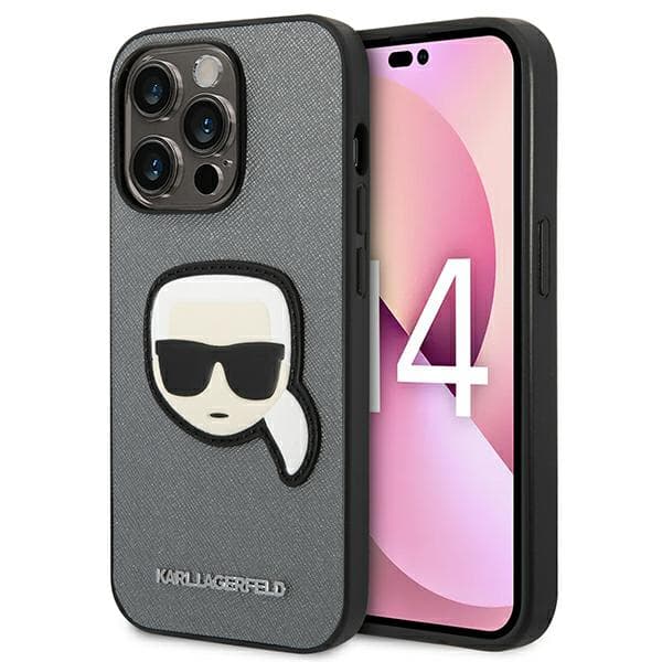 Karl Lagerfeld Saffiano Karl`s Head Patch-etui til iPhone 14 Pro, sølv