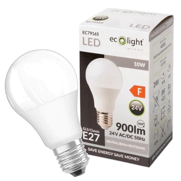 LED-lamppu, suuri kierre, E27, 10 W (90 W), neutraali väri, matala jännite, 24 V