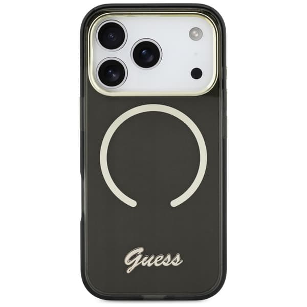 Guess IML Script Metallinen MagSafe-kotelo iPhone 17 Pro Maxille, musta