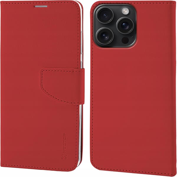 iPhone 15 Pro Rött Läderplånboksfodral med Flik Newtop