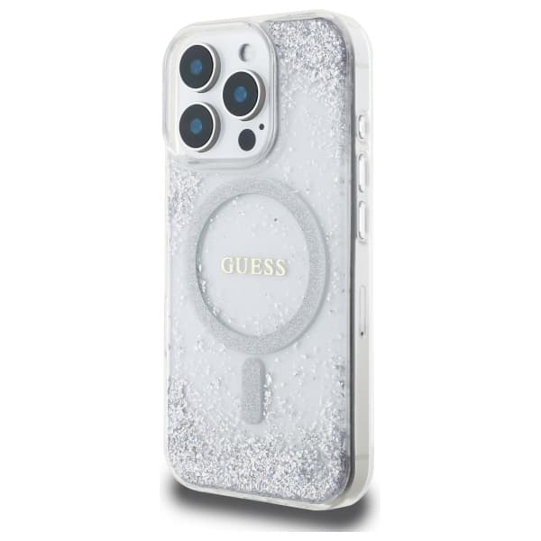 Guess Resin Gradient Glitter MagSafe-cover til iPhone 16 Pro, sølv/sølv