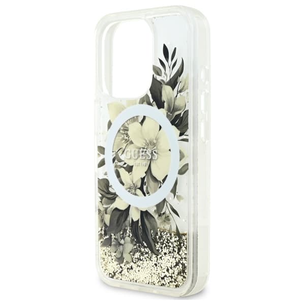 Guess Liquid Glitter Flower MagSafe-etui til iPhone 16 Pro, Beige