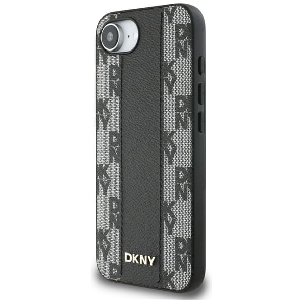 DKNY MagSafe-etui i læder med ternet monogrammønster til iPhone 16e, sort