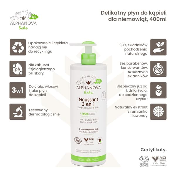 Alphanova Bebe Bio, hellävarainen vauvan kylpy 3 in 1, 400 ml