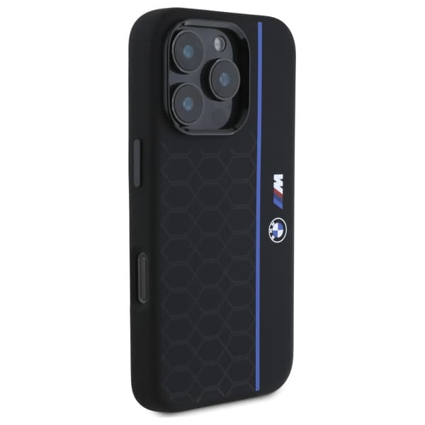 BMW Silikone Hexagon Blue Line MagSafe-etui til iPhone 16 Pro Max, Sort