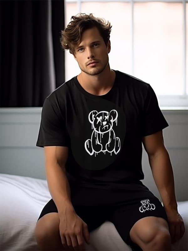 Herrpyjamas i bomull, svart, teddypjamas, M