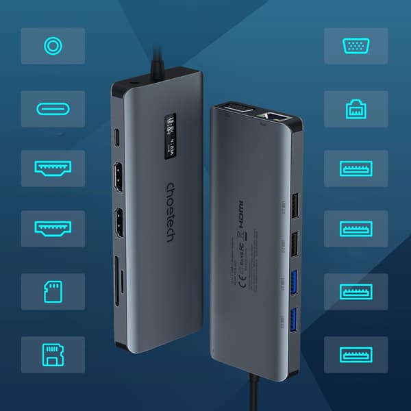 Multifunktionel HUB-adapter med display USB-C USB-A VGA AUX SD TF 12in1 Grå