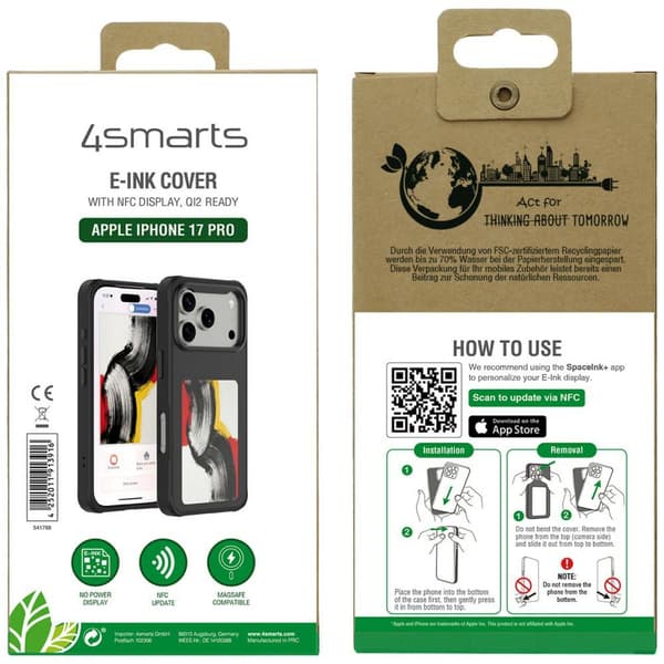 4smarts E-Ink-etui med NFC Qi2-skærm til iPhone 17 Pro, sort