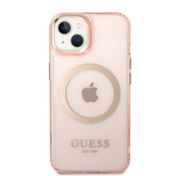 Guess Gold Outline Translucent MagSafe-etui til iPhone 14 Plus, lyserød