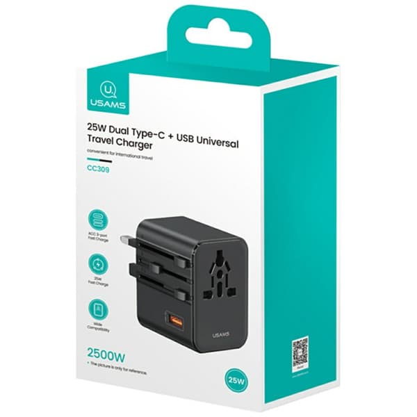 USAMS Rejseadapter CC309 2xUSB-C 25W 4-i-1 US/AU/EU/UK Sort