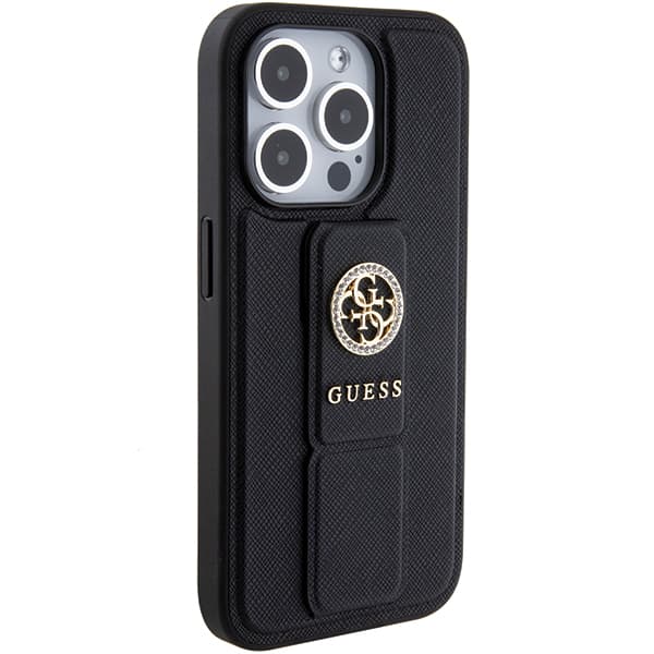 Guess Grip Stand 4G Saffiano Strass-etui til iPhone 15 Pro Max, sort