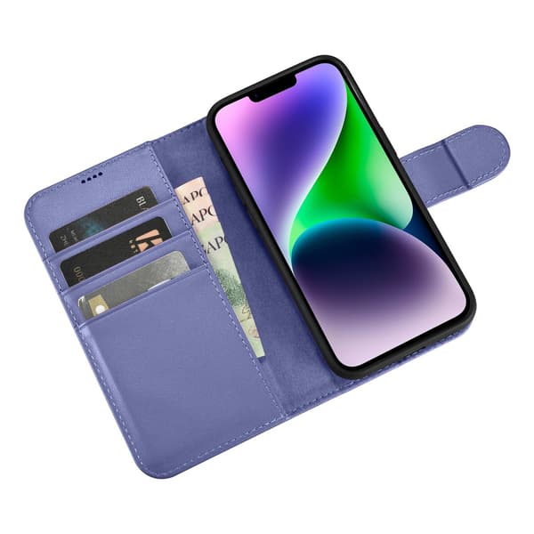 2-i-1 Läderfodral iPhone 14 Plus Anti-RFID Plånboksfodral Ljuslila