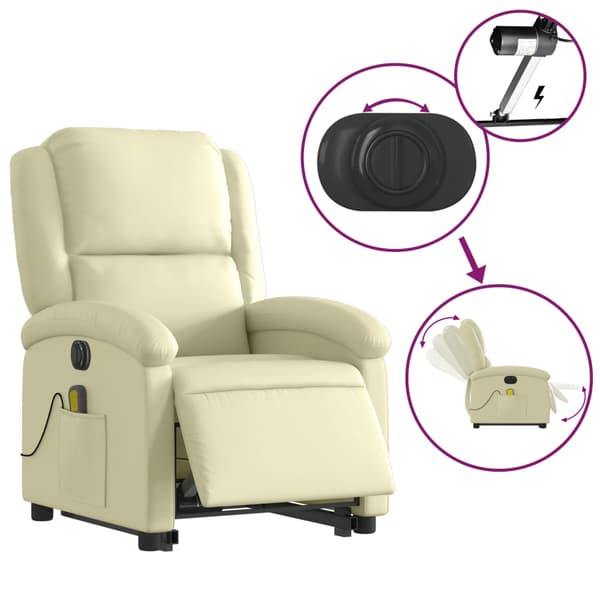 vidaXL Lyftbar massagefåtölj, krämfärgad, äkta läder