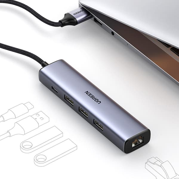Multifunktionell HUB-adapter splitter USB 3.0 - 3x USB Ethernet RJ-45 USB-C PD grå